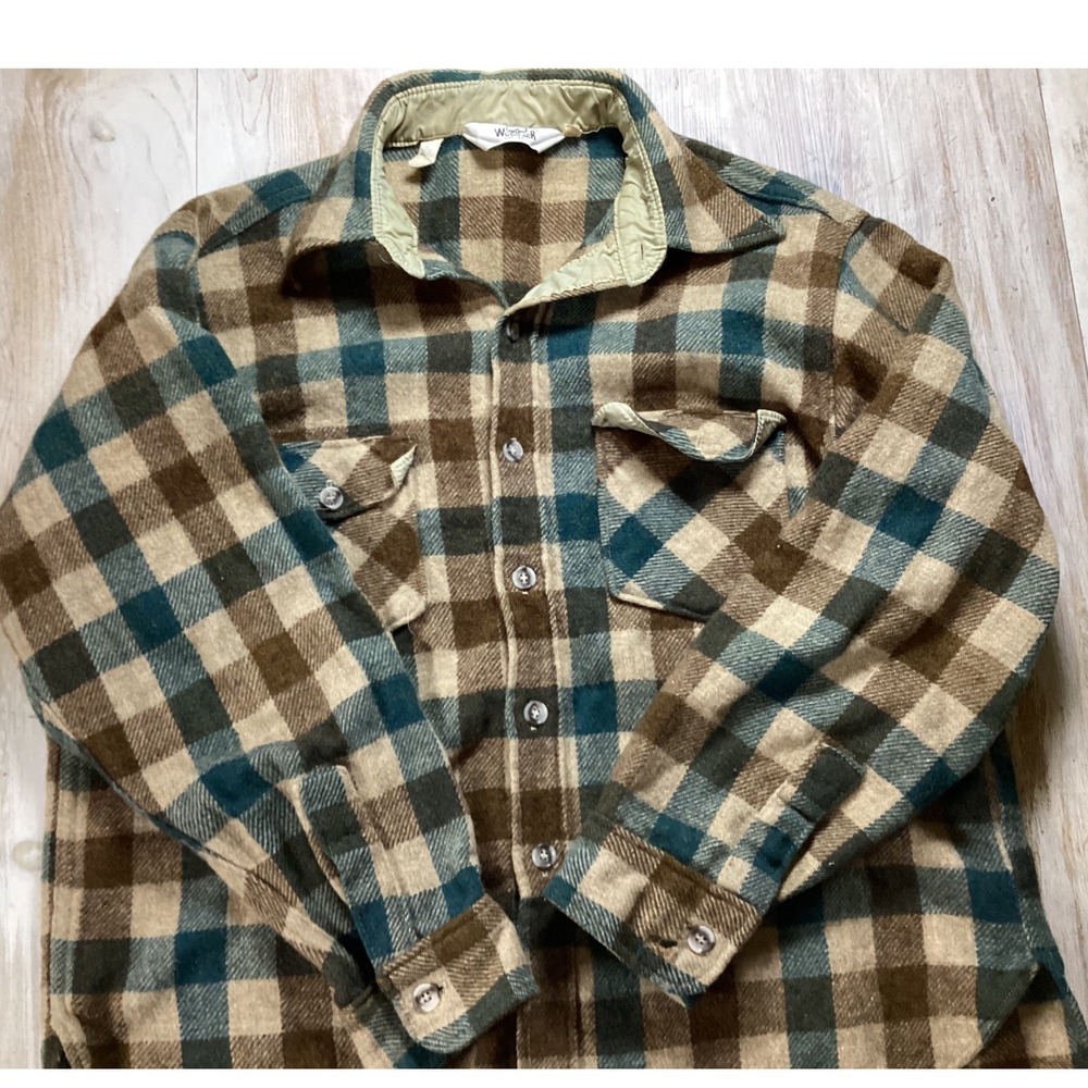 Vintage Woolrich Wool Blend Plaid Flannel Shirt Brown Teal Buffalo Check Mens XL